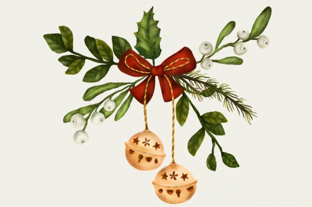 Christmas holly, red ribbon and golden bells